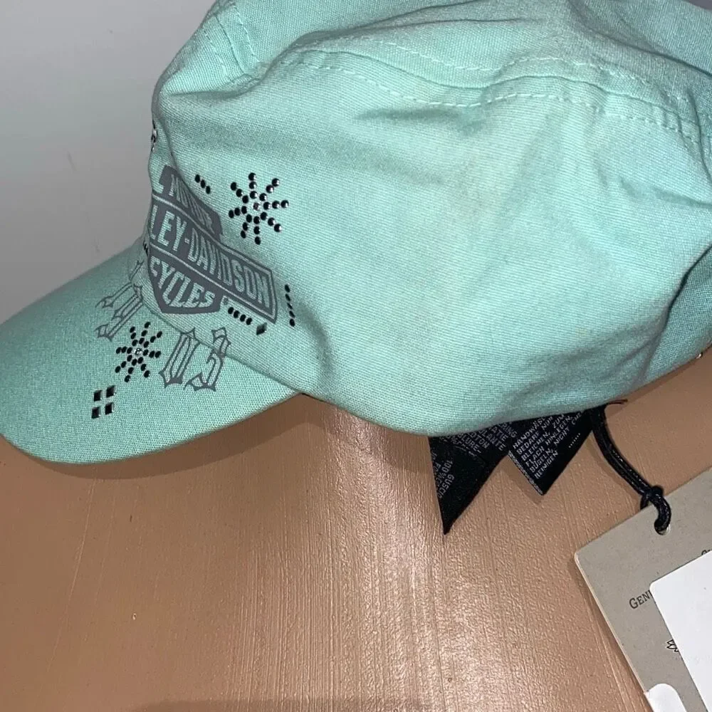 Harley-Davidson Women's Green Bar & Shield Embellished Flat Top Cap One Size NWT